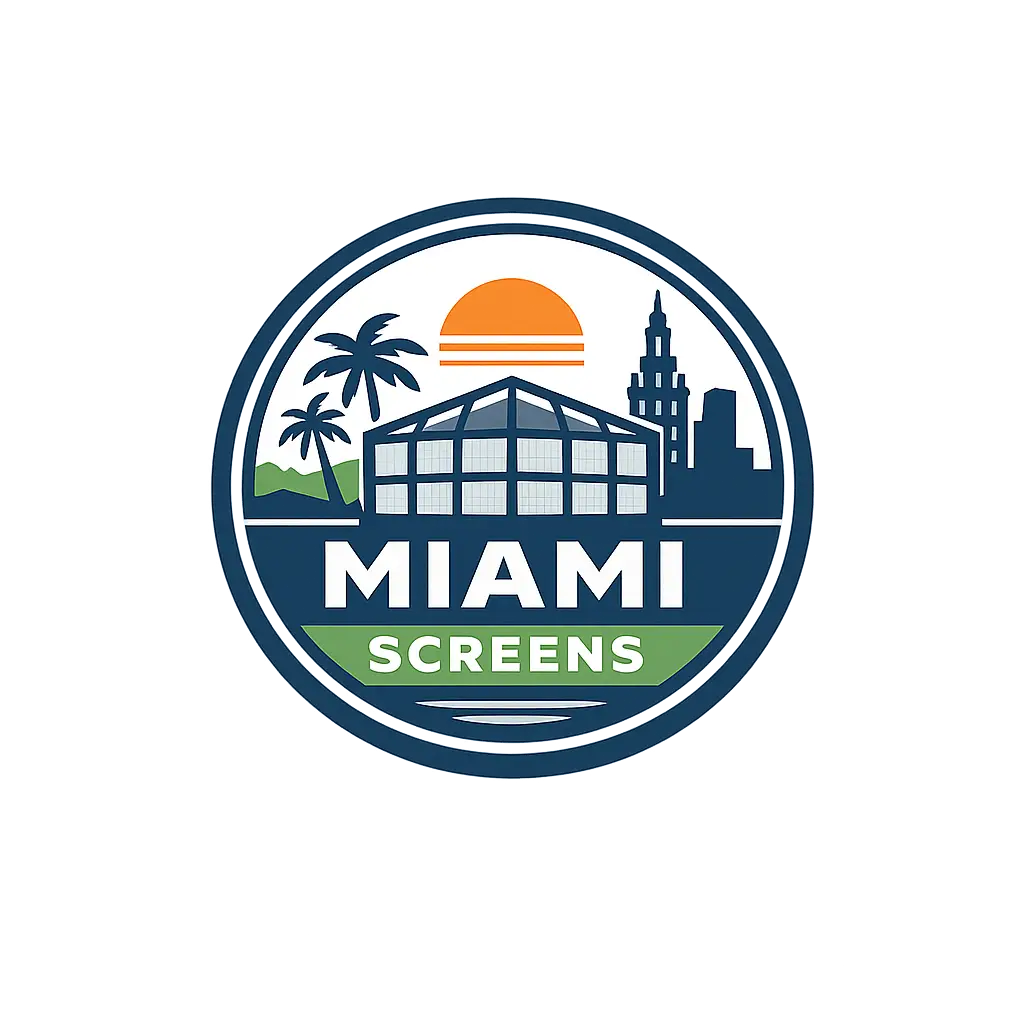 Miami Screens logo representing screen enclosure services in Miami, FL with skyline and patio graphic
